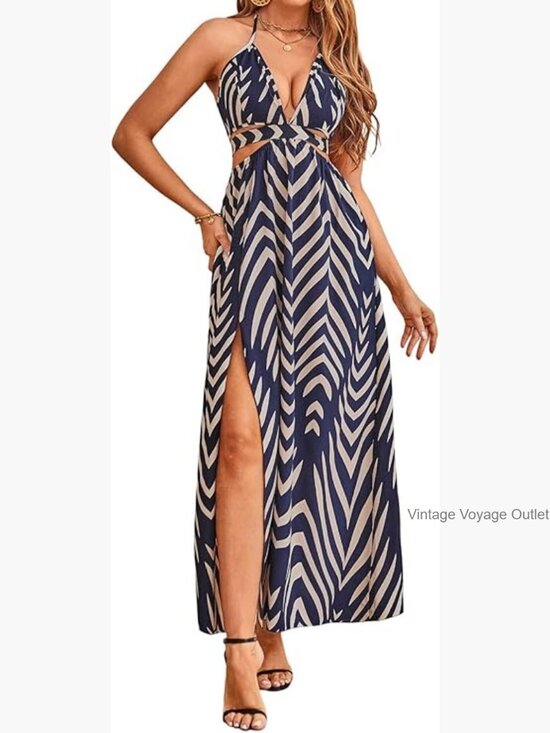 Dresses & Skirts - Women's Maxi Dress with High Slit Backless Halter Neck Boho Vacation